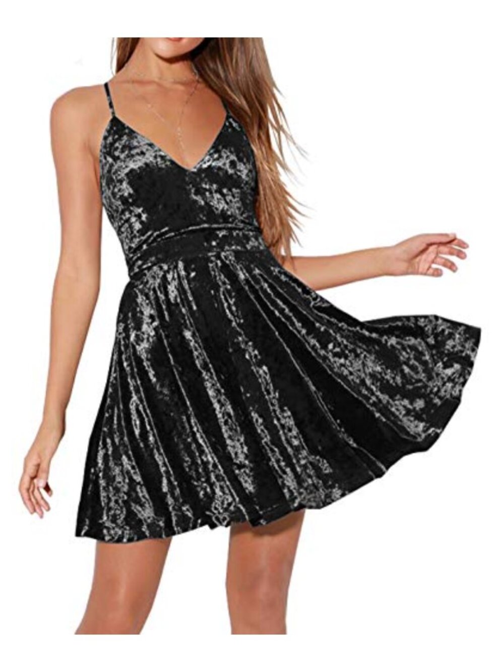 Crushed Velvet Mini Dress Spaghetti Strap V Neck Party